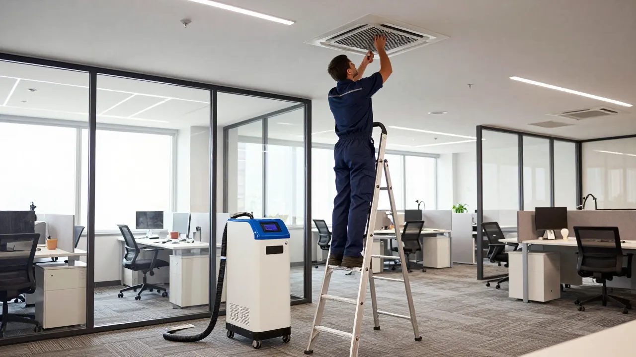 Technician cleaning a ceiling diffuser in a Maryland office with a negative-air machine