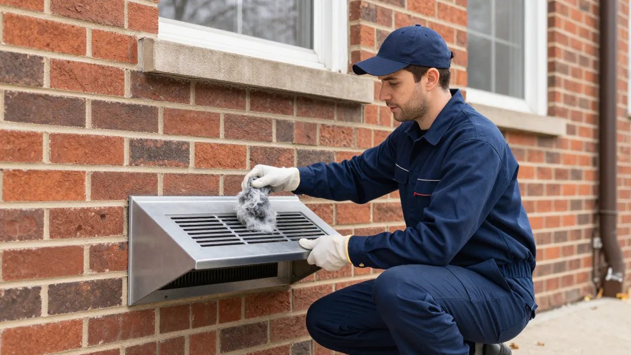 Lint pulled from an exterior dryer vent hood on a Maryland townhouse — a dryer fire risk