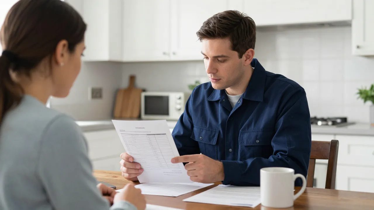 Technician reviewing a written air duct cleaning estimate with a homeowner at a Maryland kitchen table