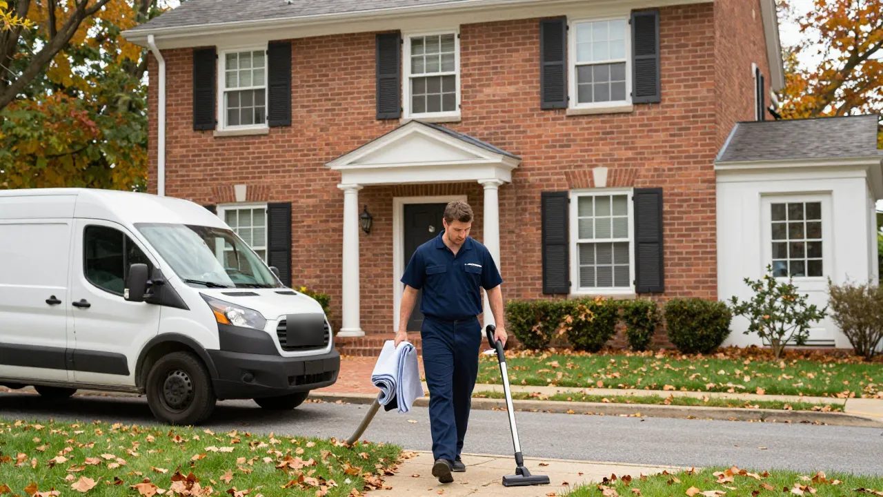 Duct cleaning arrival on a brick colonial in Clinton, MD — Eagle Air Duct Cleaning