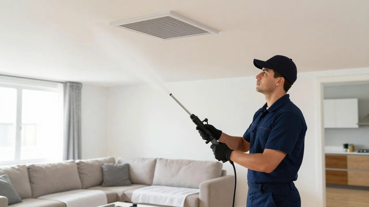 Antimicrobial fogging at a ceiling supply vent in a Maryland townhouse